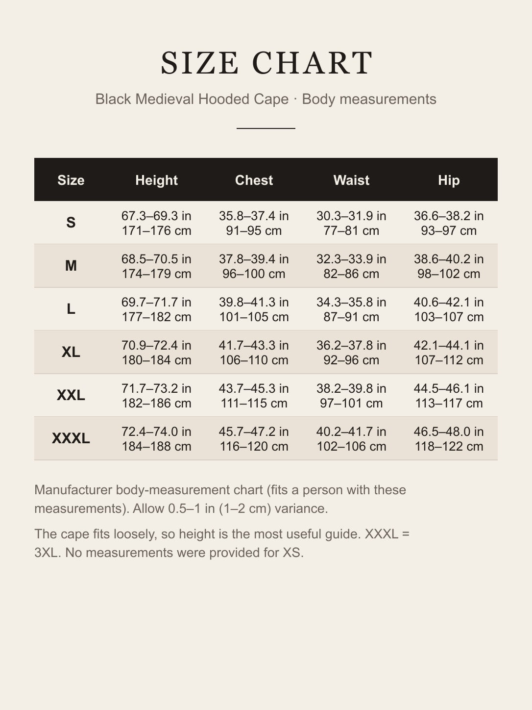Size chart for the black medieval hooded cape: height, chest, waist and hip for S to XXXL in inches and centimeters