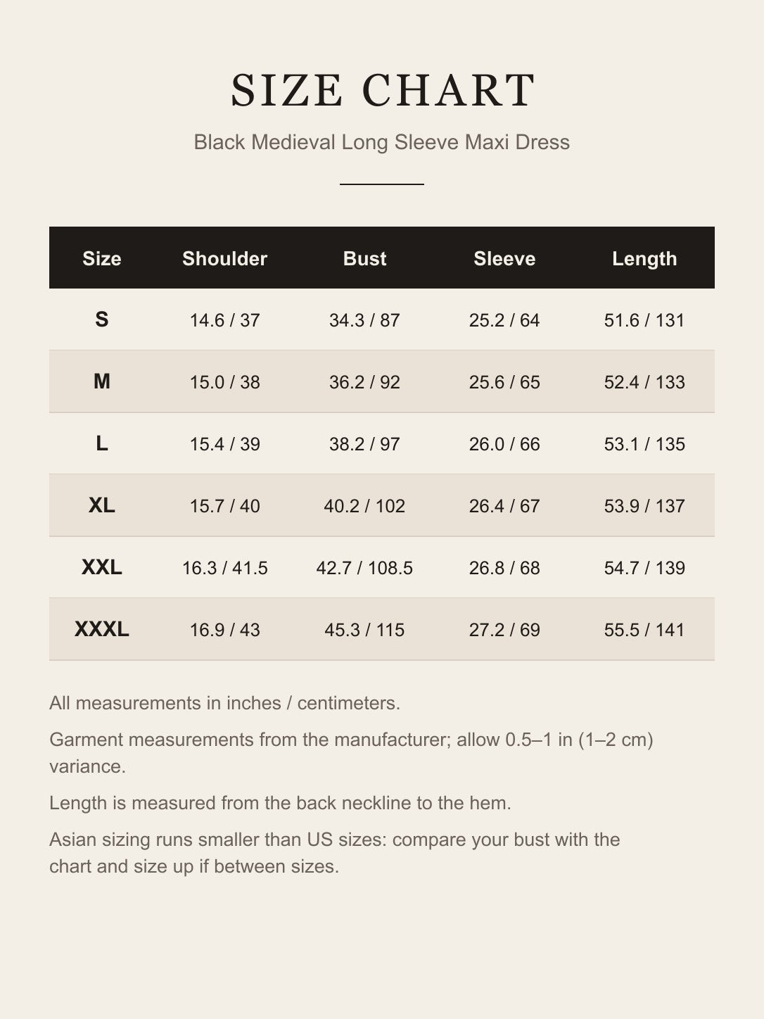 Size chart for the black medieval maxi dress: shoulder, bust, sleeve and length for S to XXXL in inches and centimeters