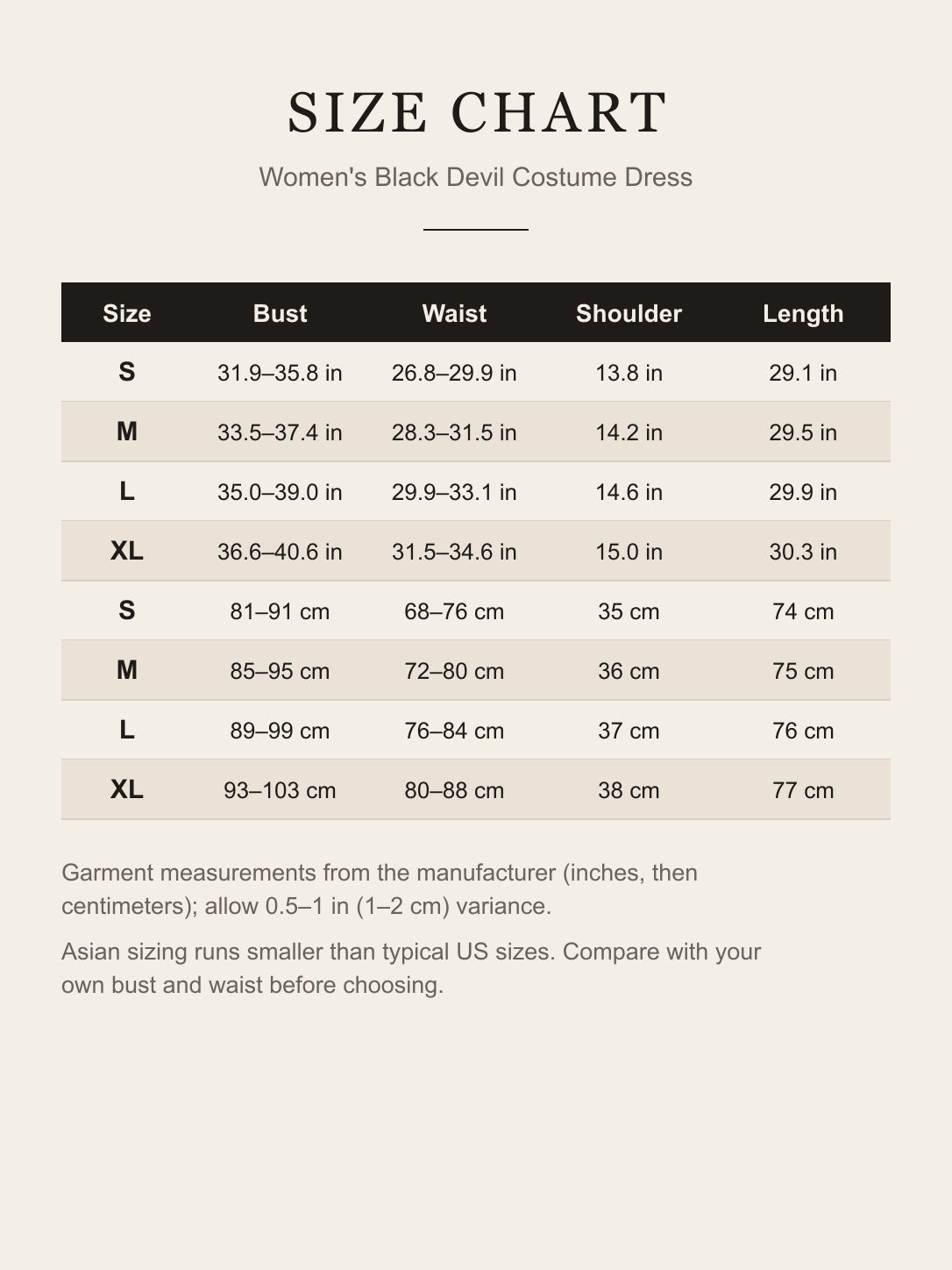 Size chart for the women's black devil costume dress: bust, waist, shoulder and length for S, M, L and XL in inches and centimeters