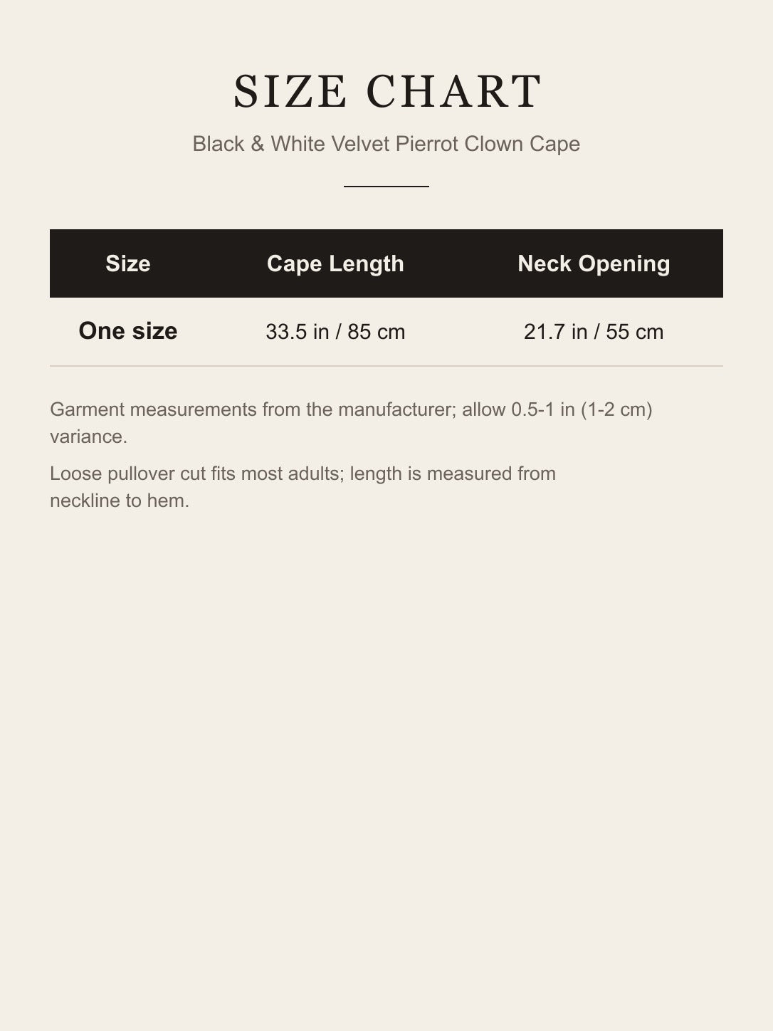 Size chart for the black and white velvet Pierrot clown cape: one size, cape length 33.5 in (85 cm), neck opening 21.7 in (55 cm)