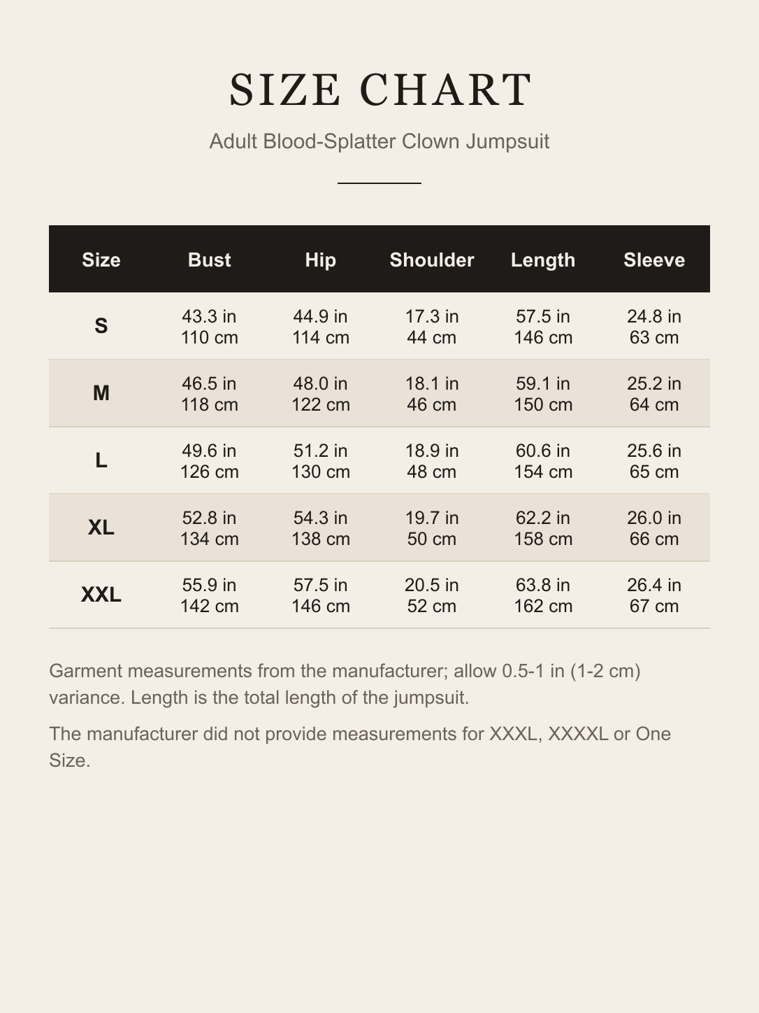 Size chart for the adult blood-splatter clown jumpsuit: bust, hip, shoulder, length and sleeve for S to XXL in inches and centimeters