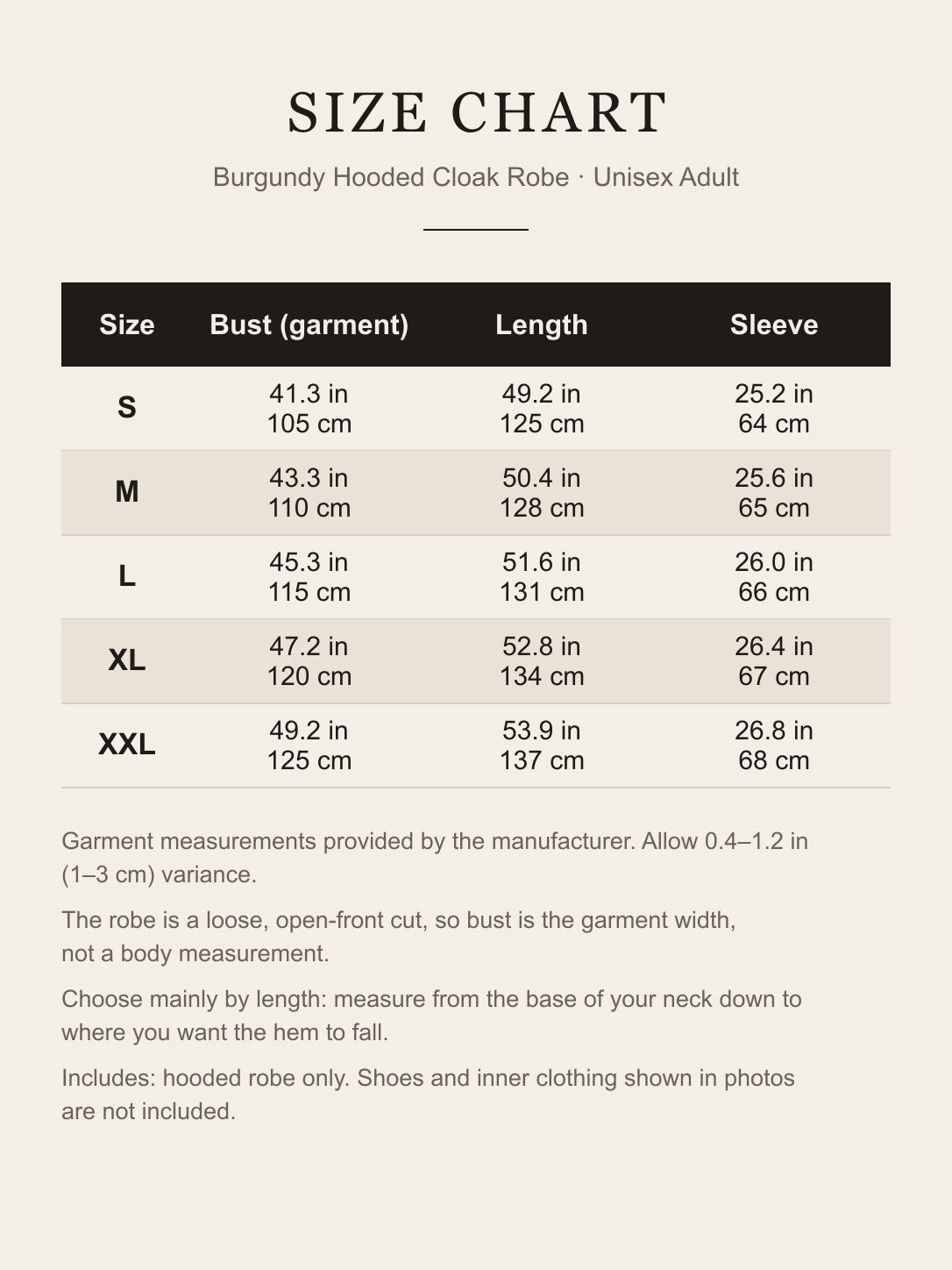 Size chart for the burgundy hooded robe: bust, length and sleeve for S to XXL in inches and centimeters