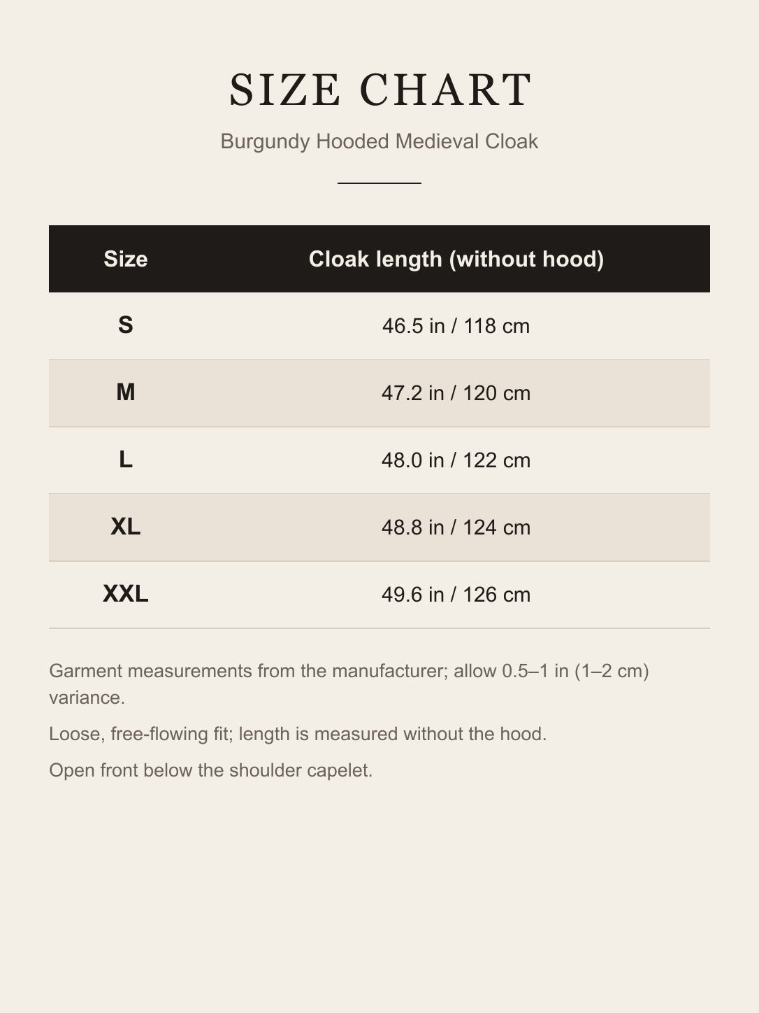 Size chart for the burgundy hooded cloak: cloak length for S, M, L, XL and XXL in inches and centimeters
