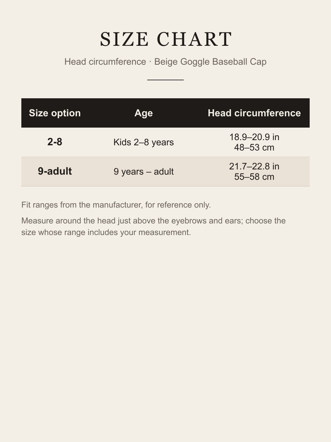 Size chart for the beige goggle baseball cap: 2-8 fits 48–53 cm head, 9-adult fits 55–58 cm head