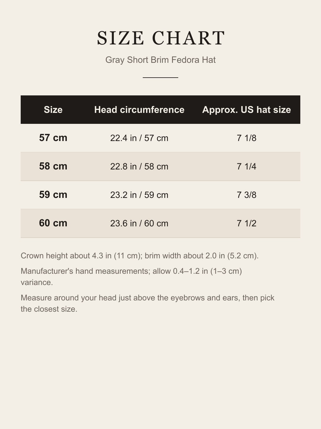 Size chart for the gray fedora hat: head circumference 57–60 cm in inches and approximate US hat sizes