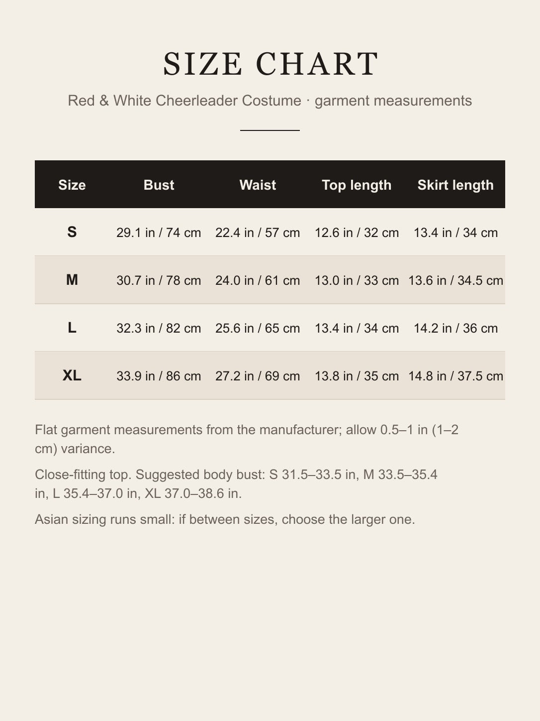 Size chart for women's red and white cheerleader costume – bust, waist, top and skirt length in inches and cm