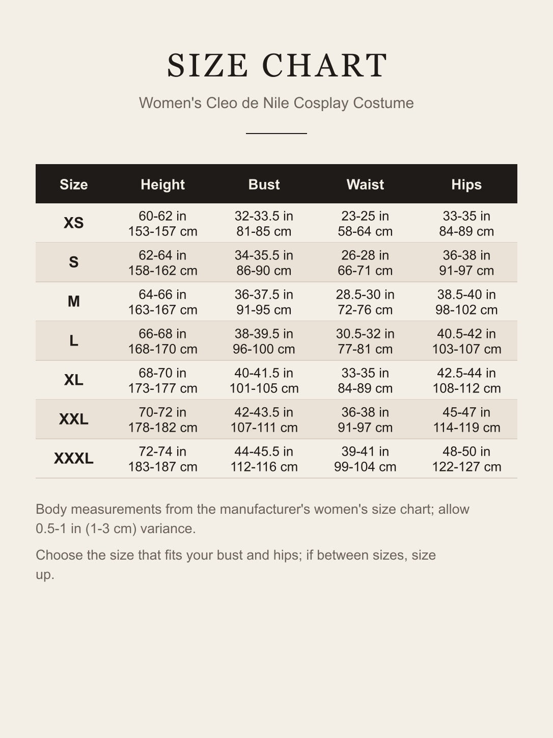 Size chart for the women's Cleo de Nile cosplay costume: height, bust, waist and hips for XS to XXXL in inches and centimeters