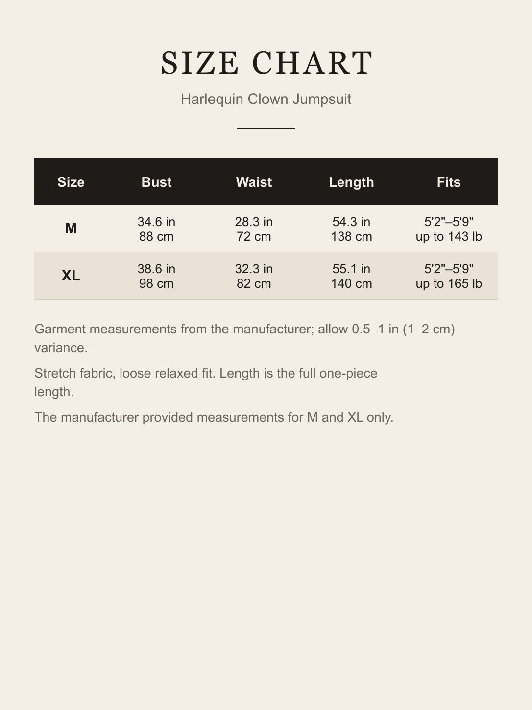Size chart for the harlequin clown jumpsuit: bust, waist and length for sizes M and XL in inches and cm