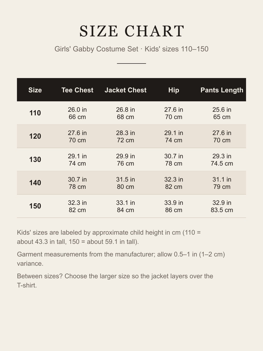 Size chart for the girls' Gabby costume set, sizes 110–150, T-shirt chest, jacket chest, hip and pants length in inches and cm