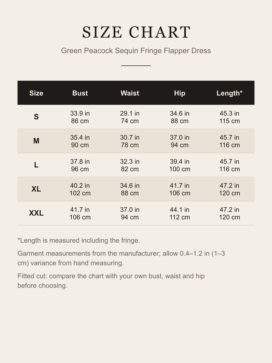 Size chart for the green peacock sequin flapper dress: bust, waist, hip and length in inches and cm, sizes S to XXL