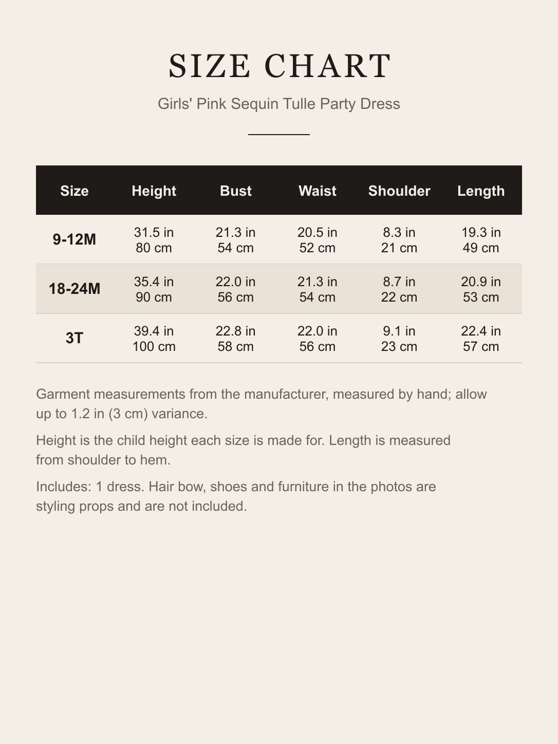 Size chart for the girls' pink sequin dress: height, bust, waist, shoulder and length for 9-12M, 18-24M and 3T in inches and centimeters