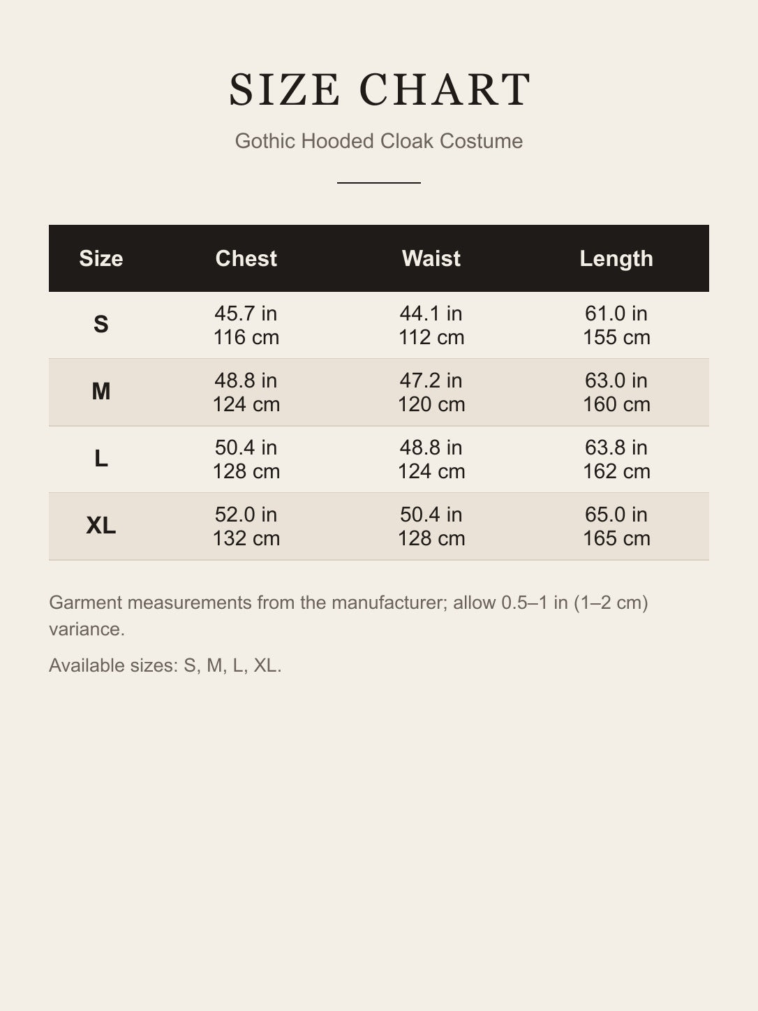 Size guide for the Gothic Hooded Cloak Costume
