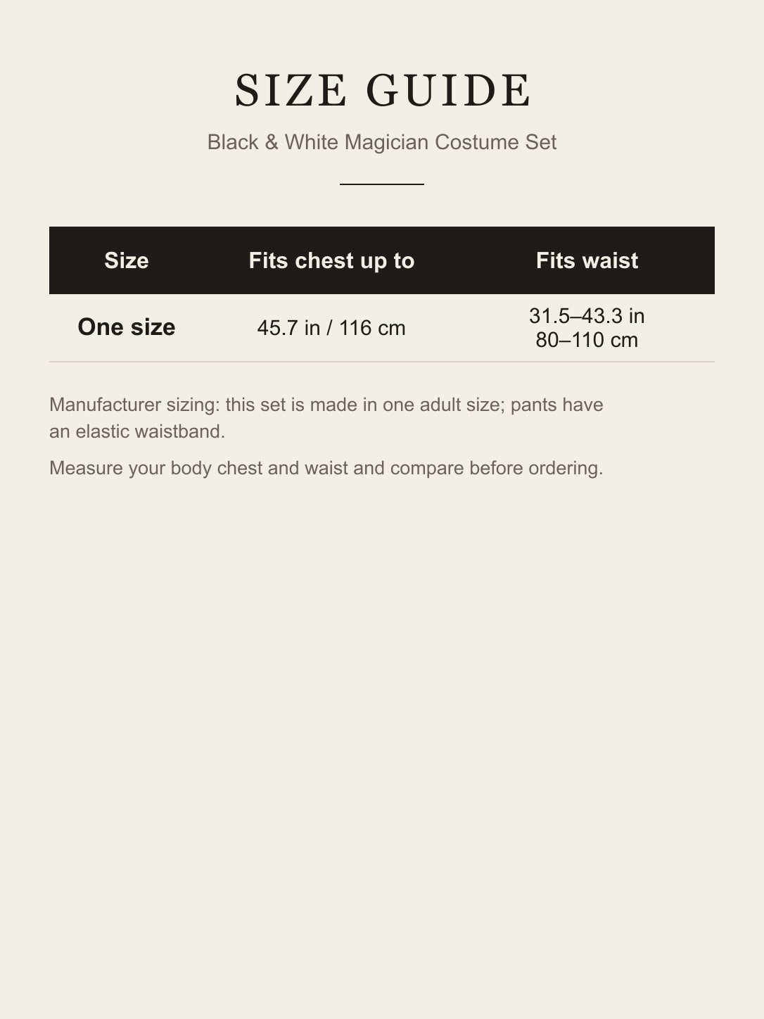 Size guide: one size, fits chest up to 45.7 in (116 cm) and waist 31.5–43.3 in (80–110 cm)