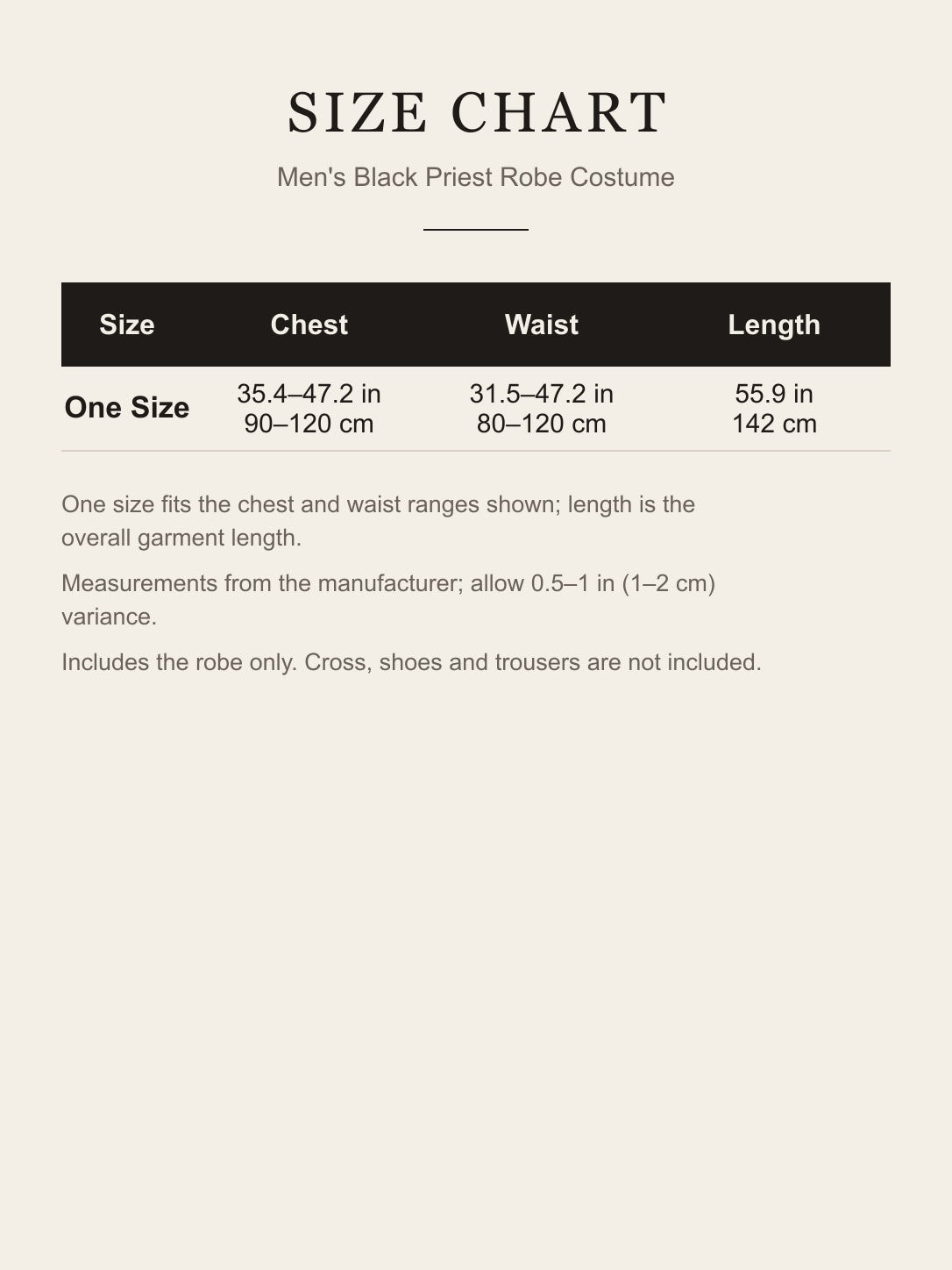 Size chart for the men's black priest robe costume: one size, chest, waist and length in inches and centimeters