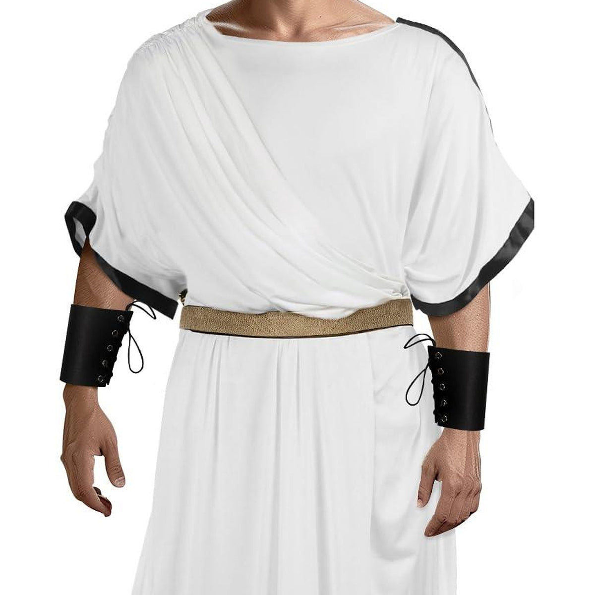 Close-up of the white toga's draped chest panel, black trim on the sleeves and the tan waistband