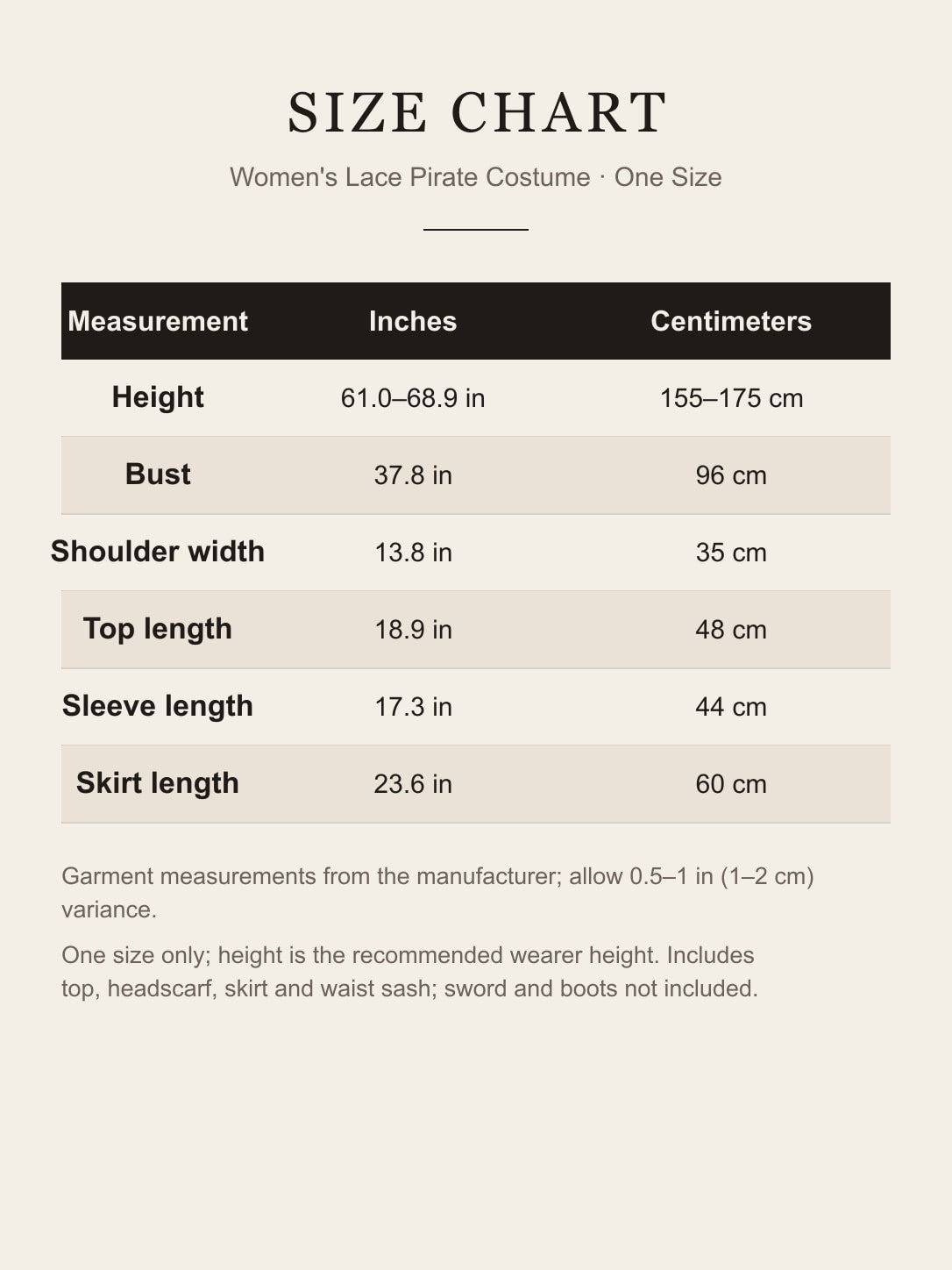 Size chart for women's one-size pirate costume, bust 37.8 in / 96 cm