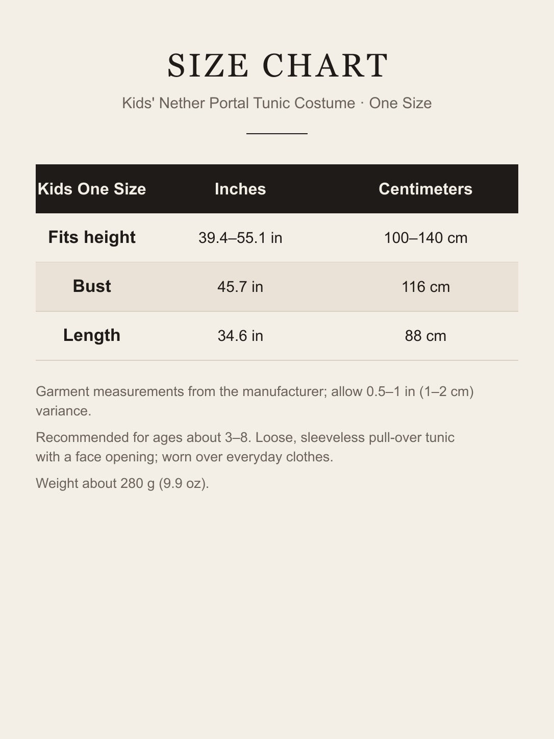 Size chart for the kids' Nether Portal costume: one size, fits height 100–140 cm, bust 116 cm, length 88 cm