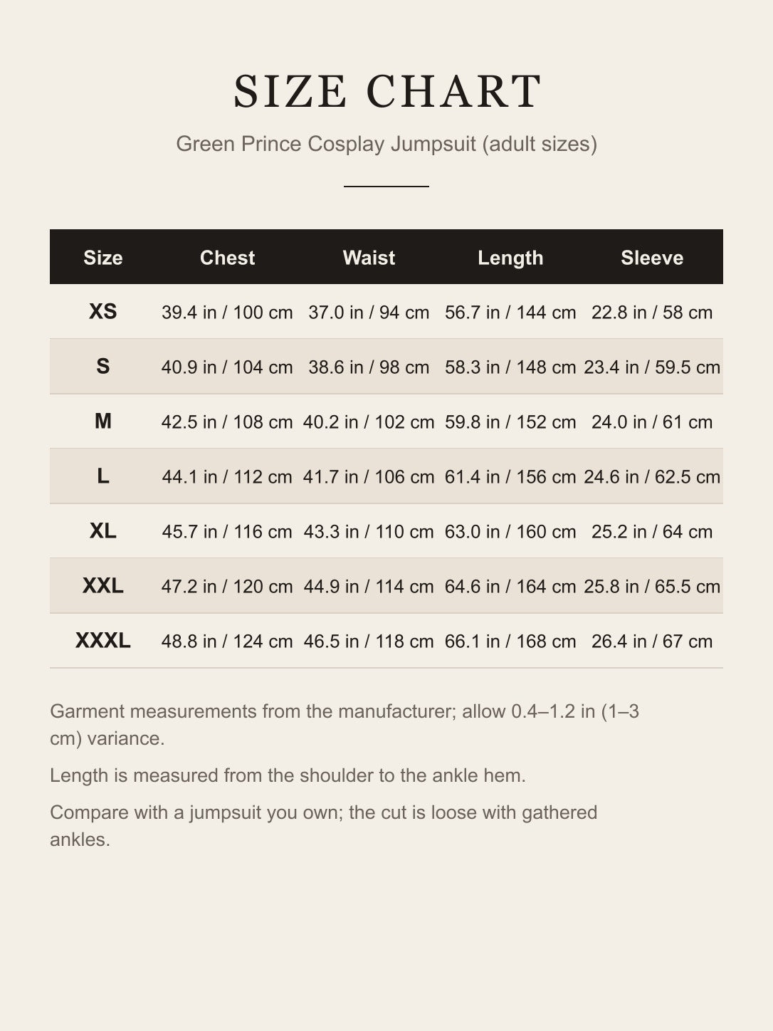 Size chart for the adult green prince cosplay jumpsuit: chest, waist, length and sleeve for XS to XXXL in inches and centimeters