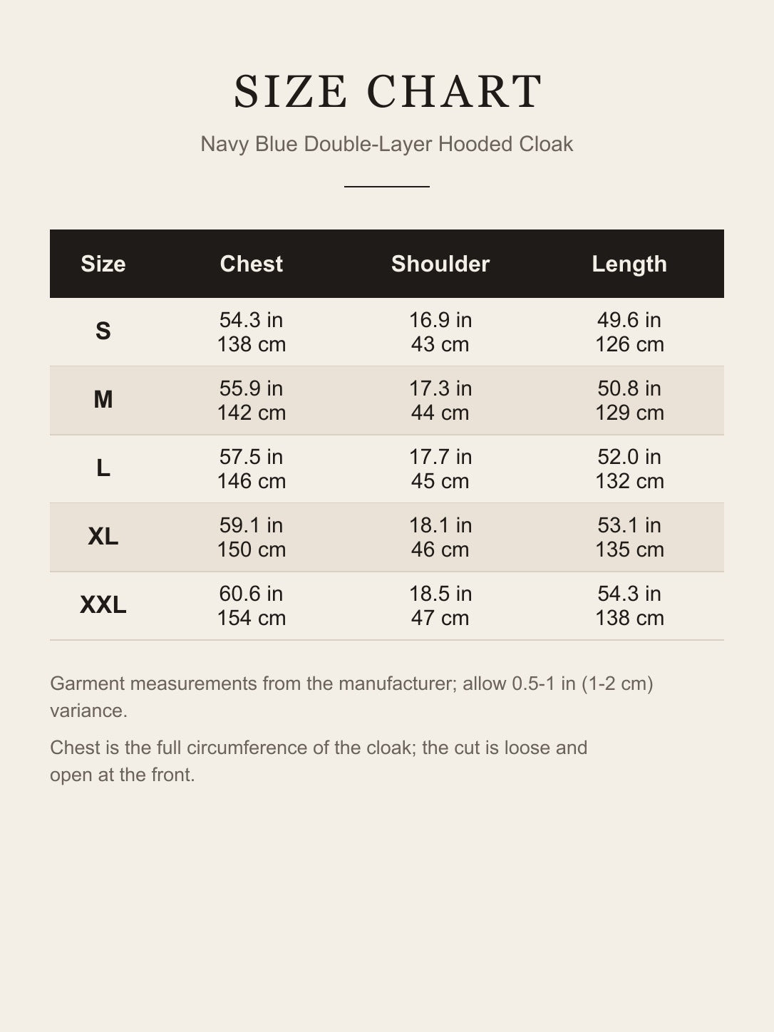 Size chart for the navy blue hooded cloak: chest, shoulder and length for S to XXL in inches and centimeters