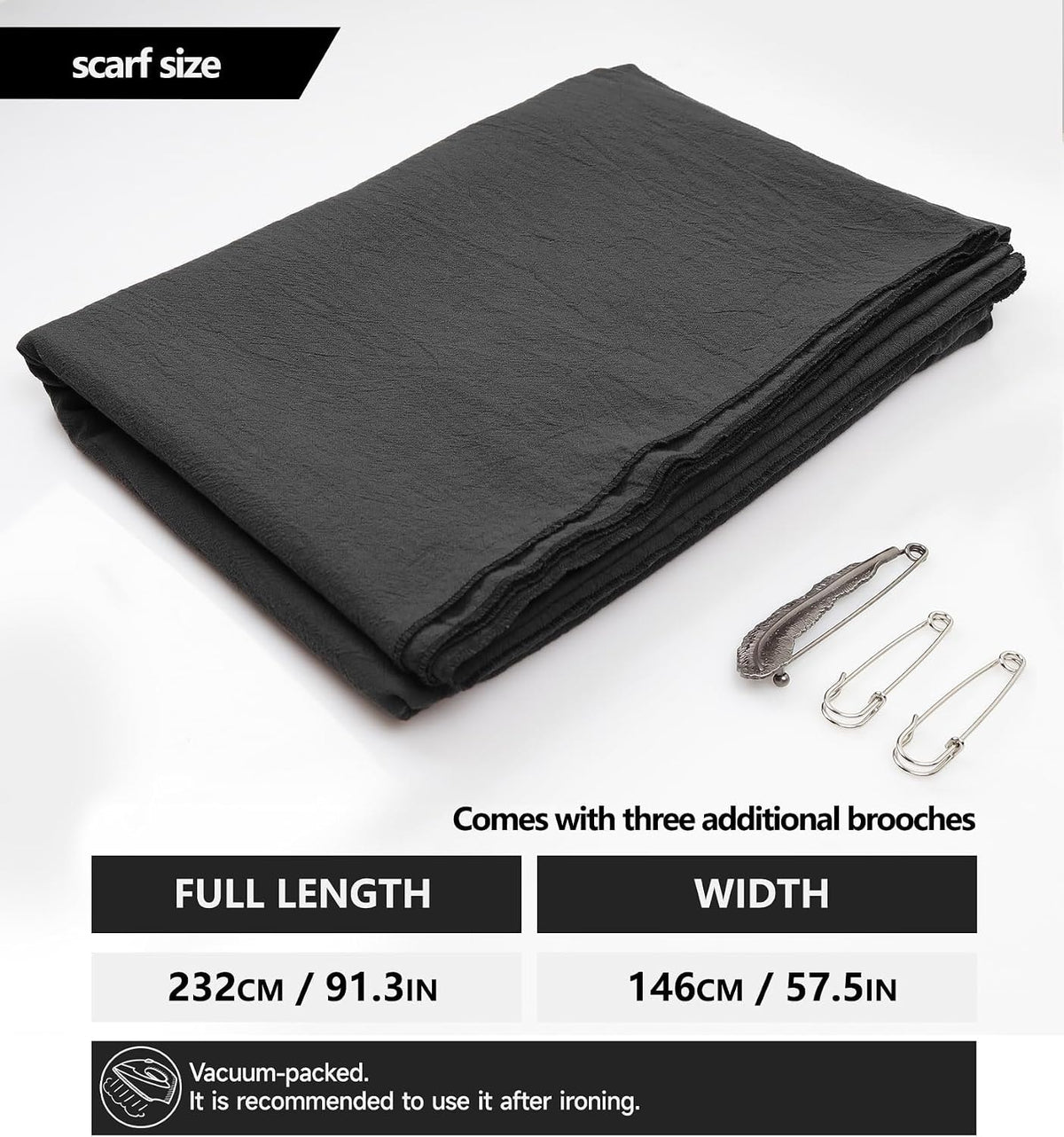 Size and contents: scarf 232 cm / 91.3 in long, 146 cm / 57.5 in wide, comes with a feather brooch and two safety pins