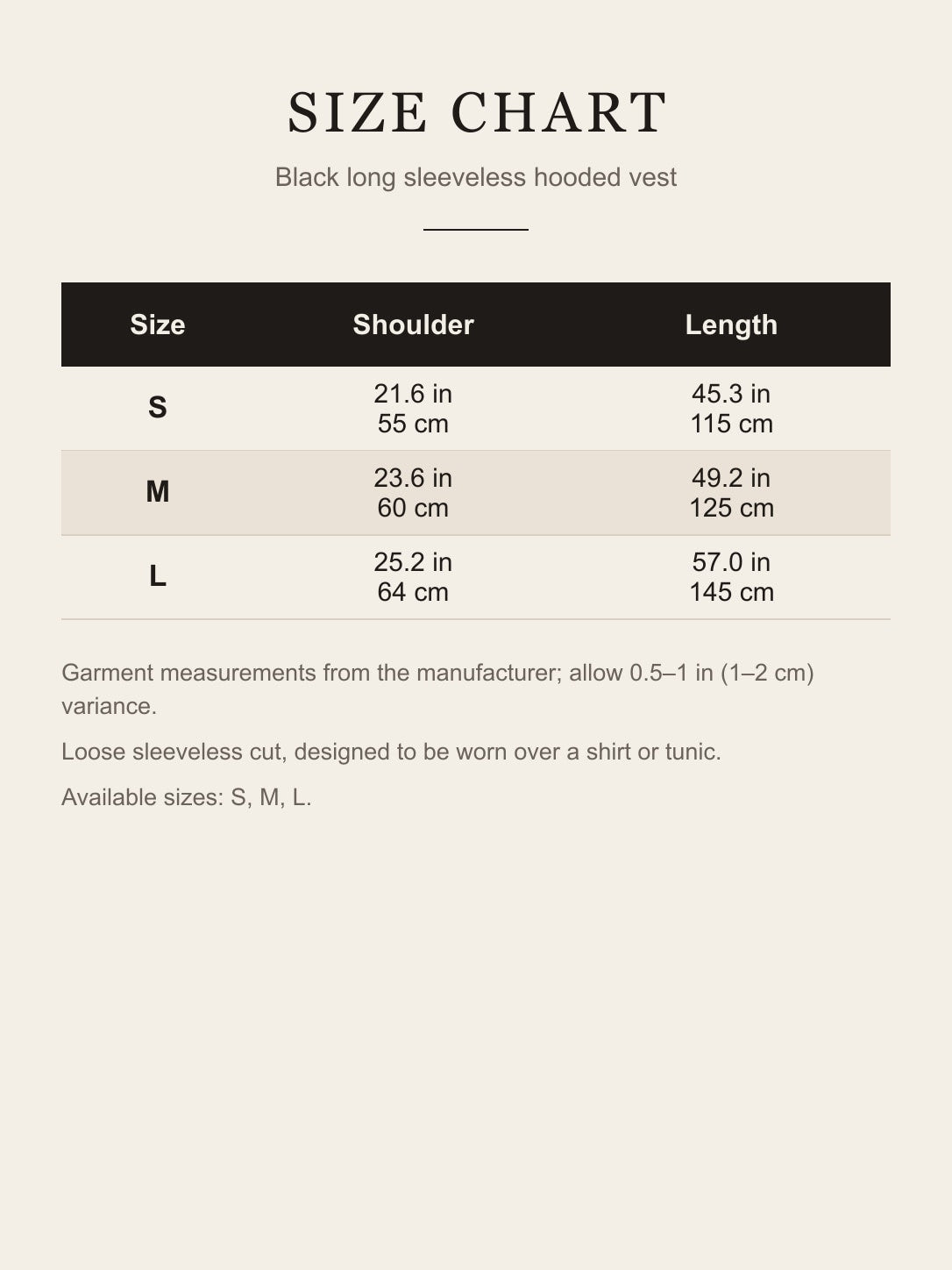 Size chart for the black long sleeveless hooded vest: shoulder width and length for S, M and L in inches and centimeters