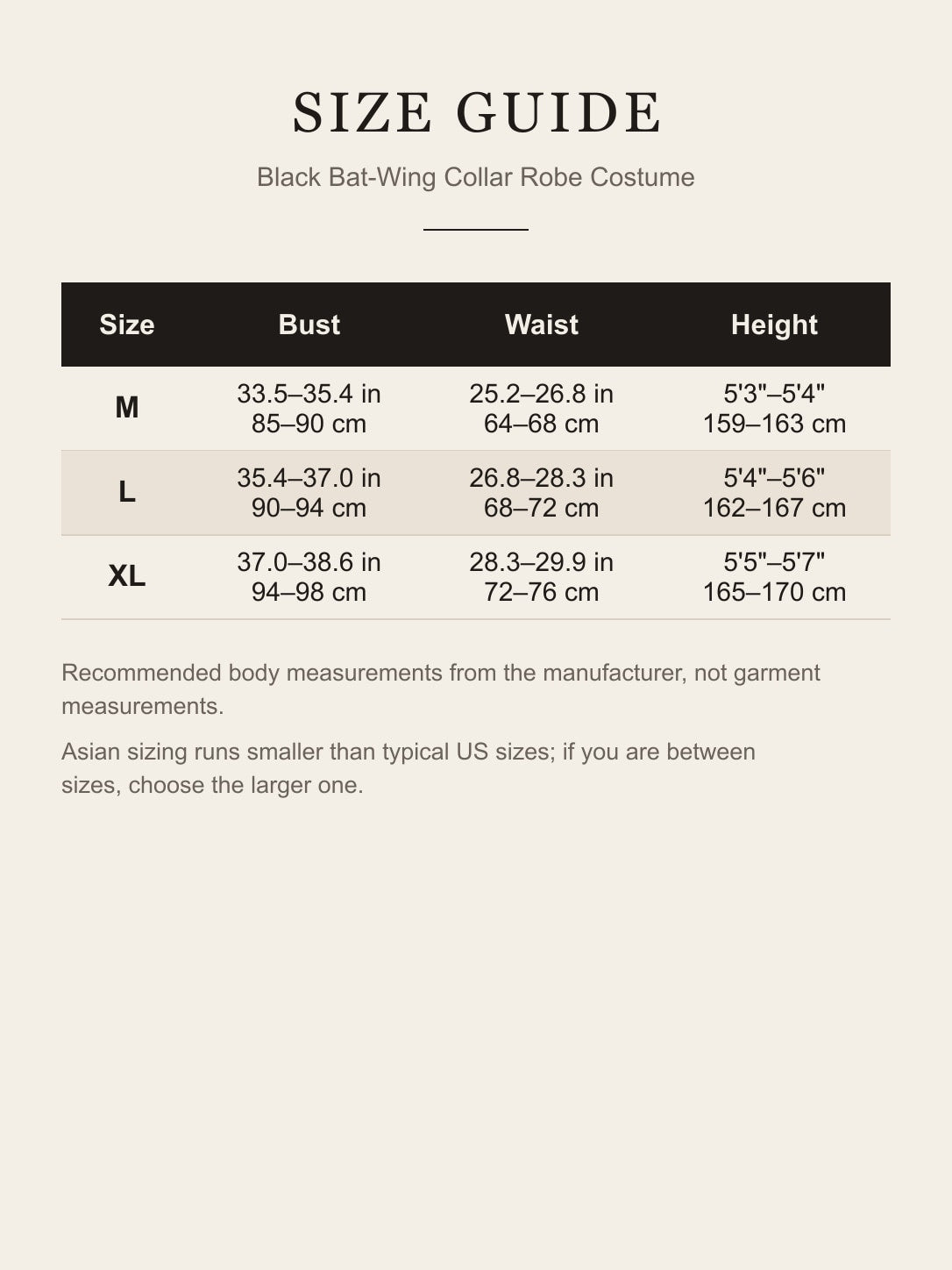 Size guide for the black bat-wing collar robe costume: bust, waist and height for M, L and XL in inches and centimeters
