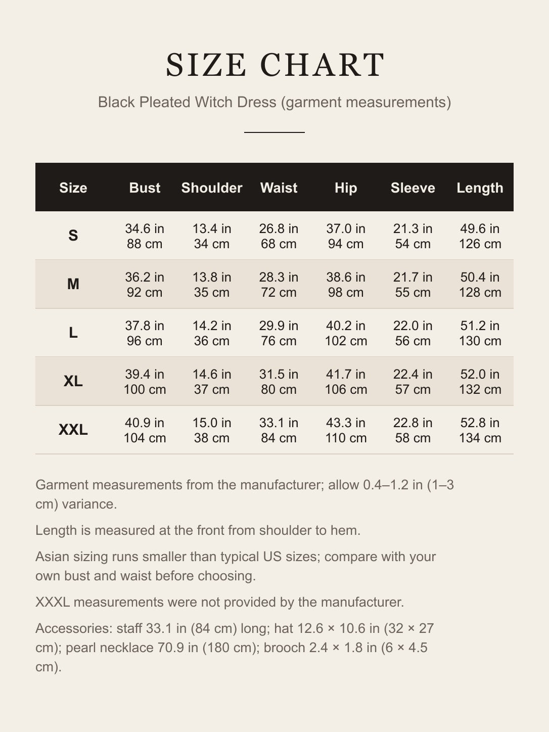 Size chart for the black pleated witch dress: bust, shoulder, waist, hip, sleeve and length for S to XXL in inches and centimeters
