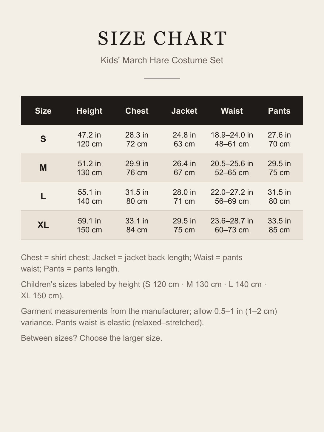 Size chart for the kids' March Hare costume: child height, shirt chest, jacket back length, pants waist and length for S–XL in inches and centimeters