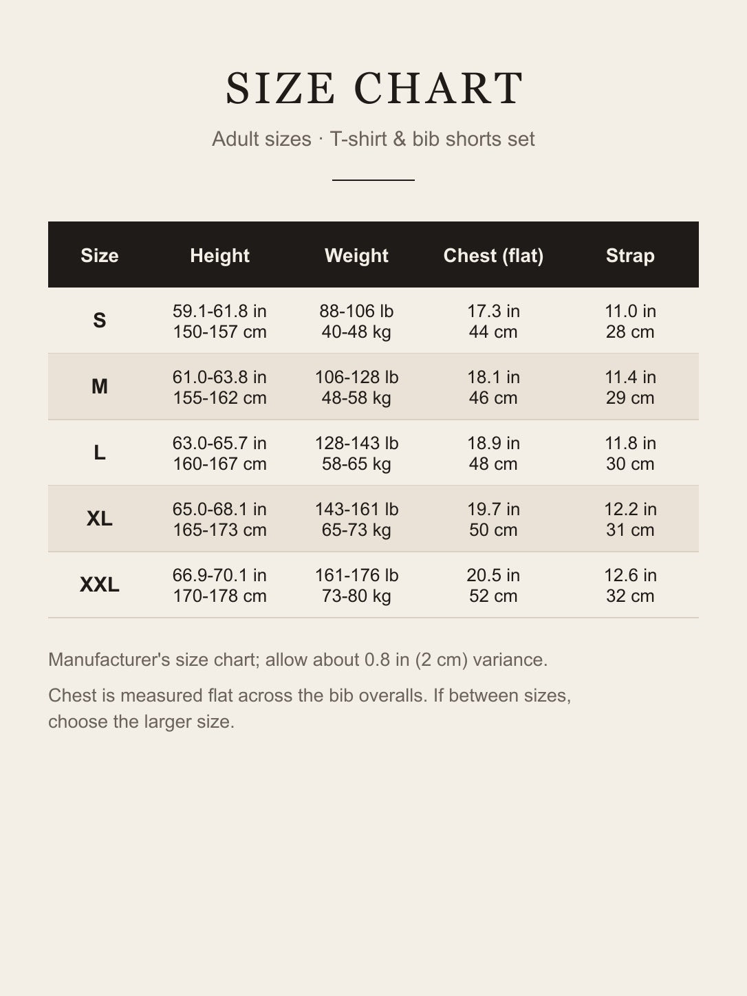 Adult size chart S–XXL: height, weight, flat chest and strap length in inches and centimeters