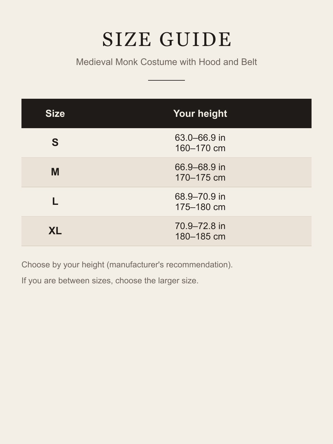 Size guide for the Medieval Monk Costume with Hood and Belt
