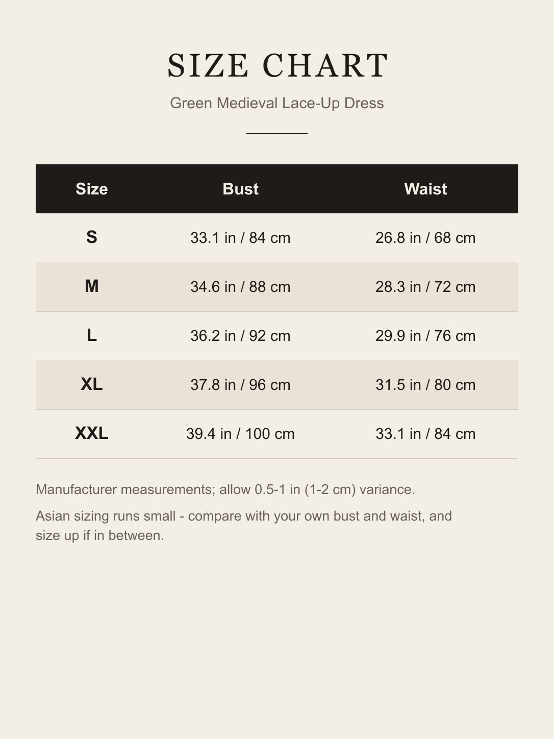 Size chart for the green medieval lace-up dress: bust and waist for S to XXL in inches and centimeters