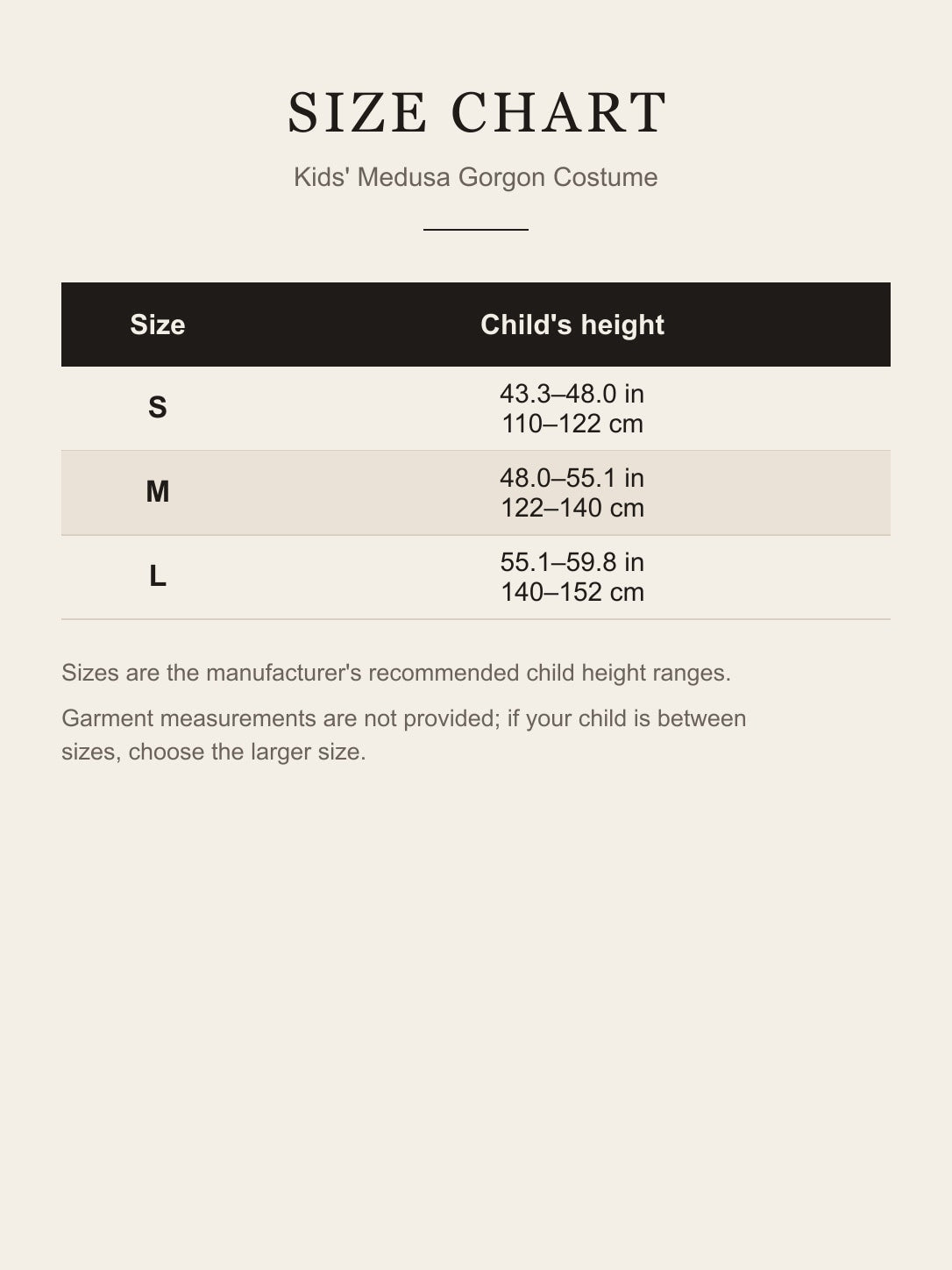 Size chart for the kids' Medusa costume: S 110–122 cm, M 122–140 cm, L 140–152 cm child height