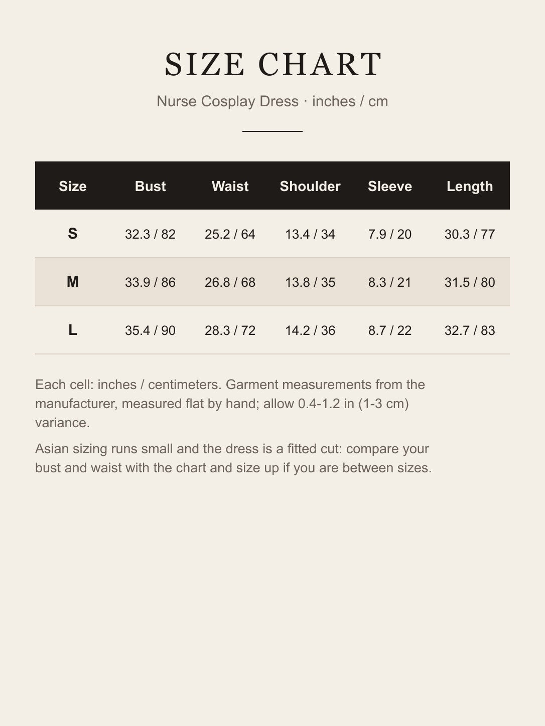 Size chart for the nurse cosplay dress, S M L, bust waist shoulder sleeve length in inches and cm