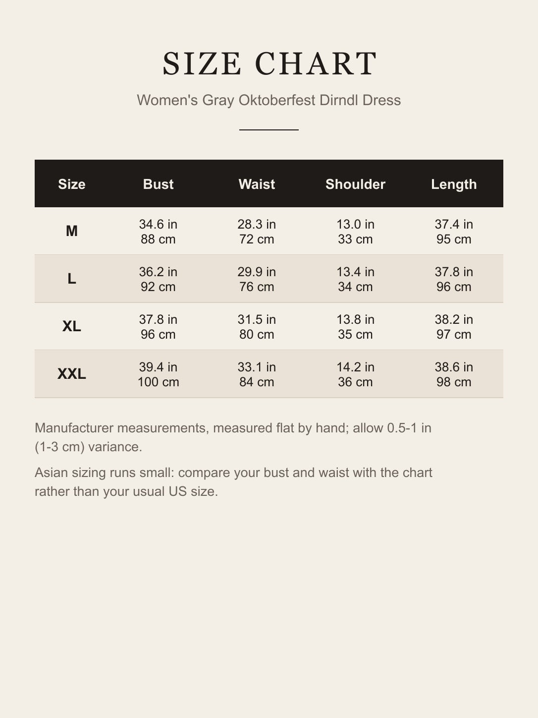 Size chart for the women's gray Oktoberfest dirndl dress: bust, waist, shoulder and length for M to XXL in inches and centimeters