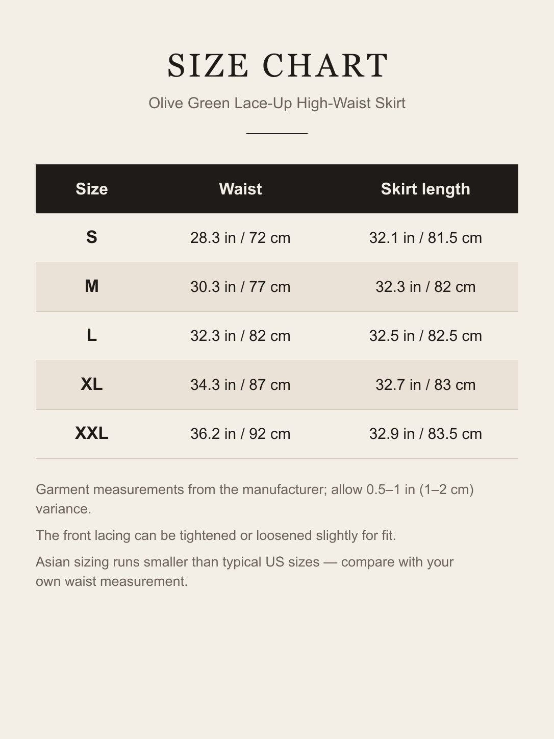 Size chart for the olive green lace-up skirt: waist and skirt length for S to XXL in inches and centimeters