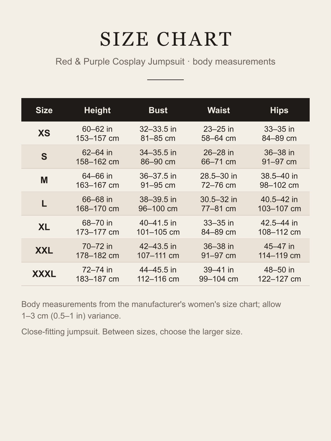 Size chart for the women's cosplay jumpsuit: height, bust, waist and hips for XS to XXXL in inches and centimeters