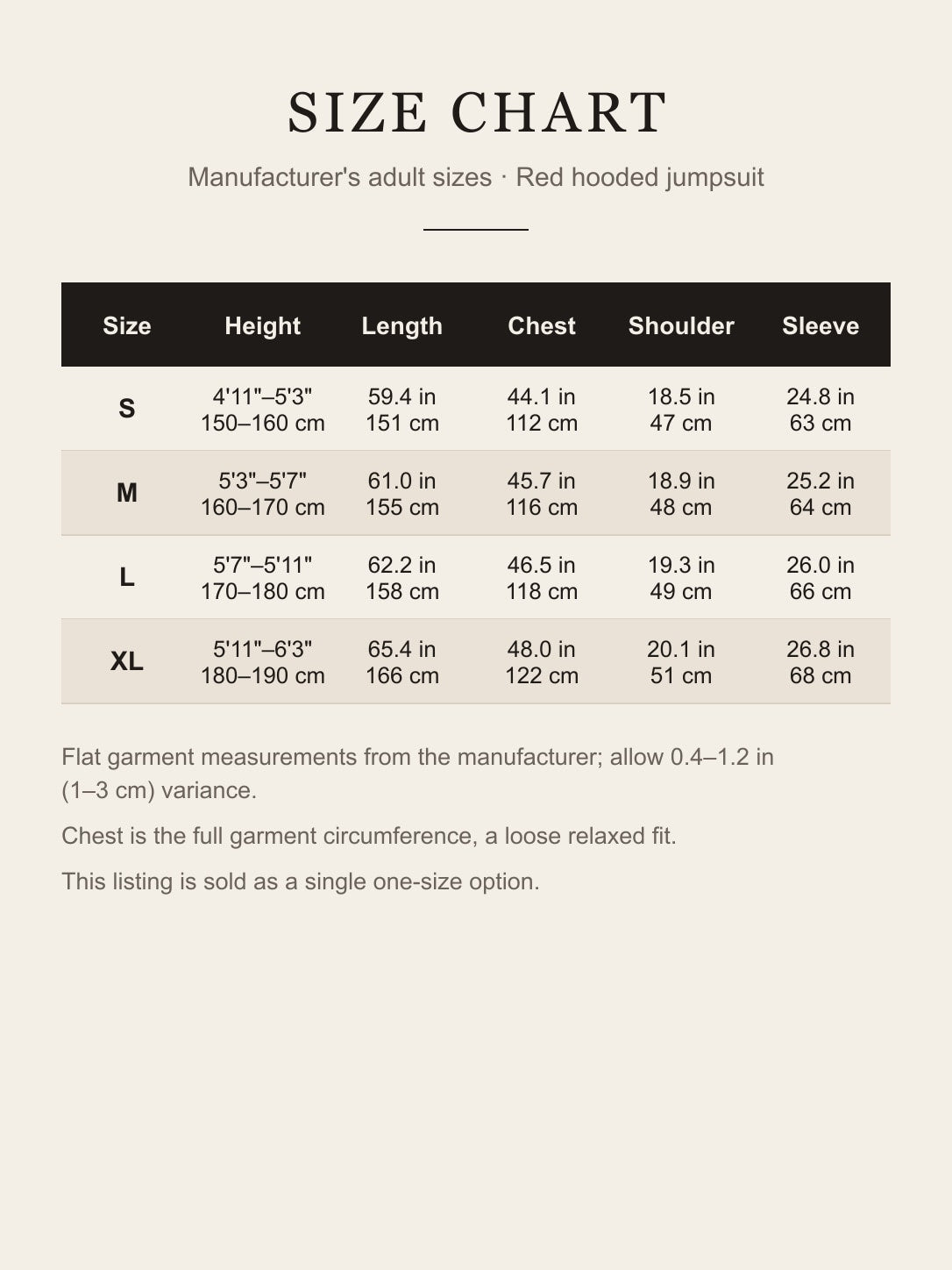 Manufacturer size chart for the red hooded jumpsuit: height, length, chest, shoulder and sleeve for adult S to XL in inches and centimeters