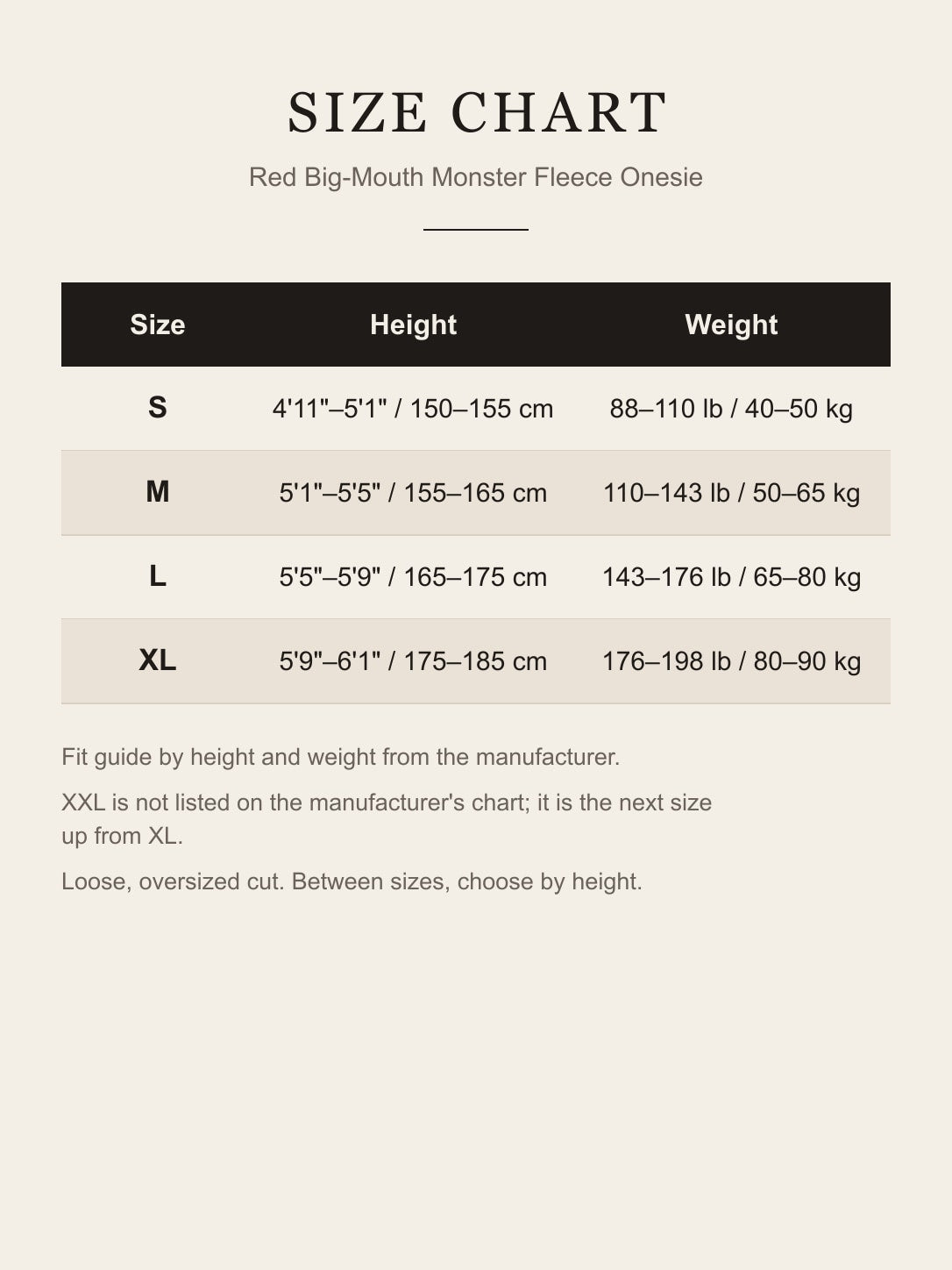 Size chart for the red monster onesie by height and weight, S to XL