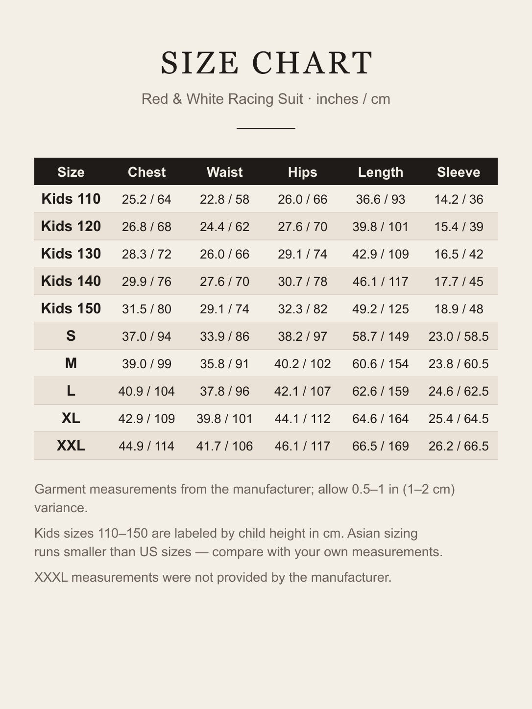 Size chart for the red racing suit: chest, waist, hips, length and sleeve for kids 110–150 and adult S–XXL in inches and cm