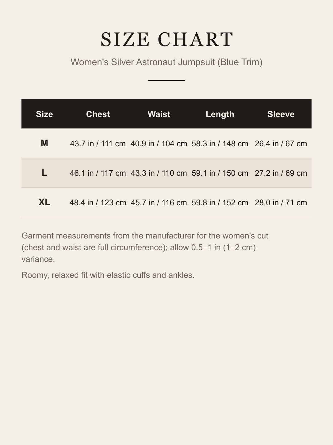 Size chart for the women's silver astronaut jumpsuit: chest, waist, length and sleeve for M, L and XL in inches and centimeters
