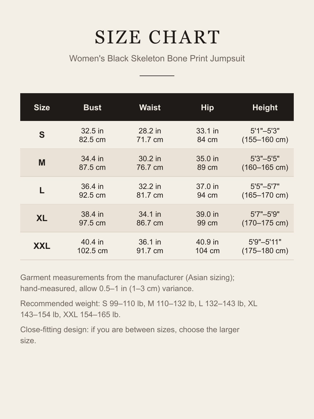 Size chart for the women's black skeleton jumpsuit: bust, waist, hip and height for S to XXL in inches and centimeters