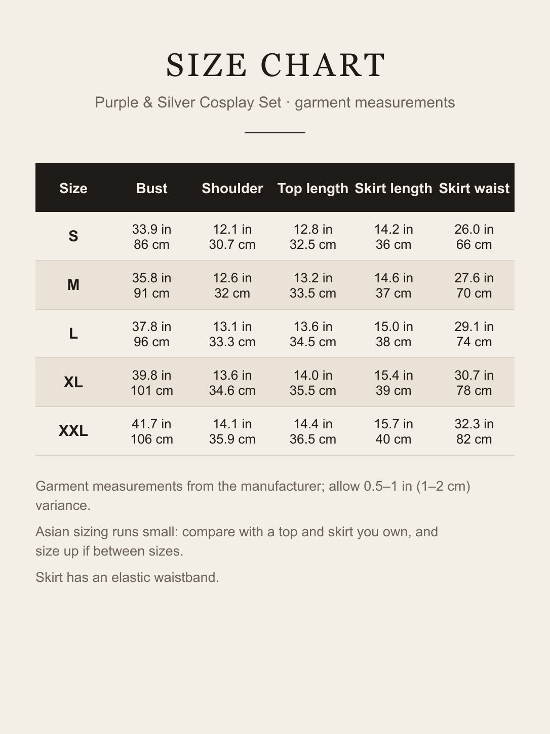 Size chart for the purple and silver cosplay costume: bust, shoulder, top length, skirt length and skirt waist for S to XXL in inches and centimeters