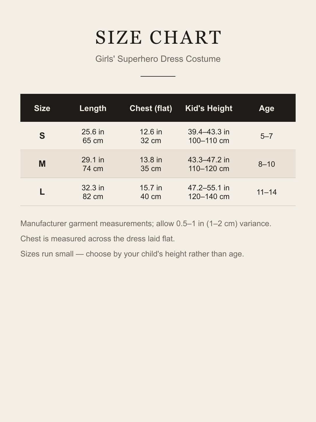 Size chart for girls' superhero dress costume, sizes S to L in inches and cm