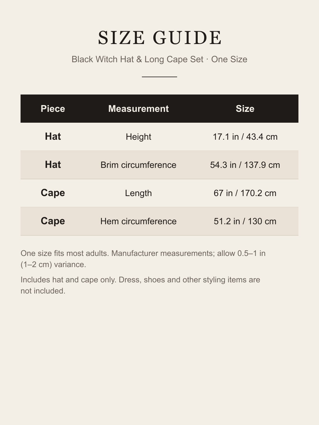 Size guide for the black witch hat and cape set: hat height 17.1 in, brim circumference 54.3 in, cape length 67 in, hem circumference 51.2 in