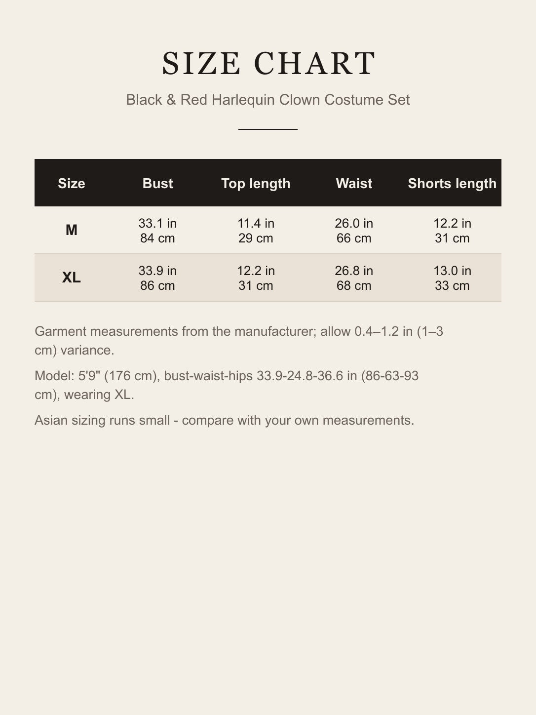Size chart for the harlequin clown costume set: bust, top length, waist and shorts length for M and XL in inches and centimeters