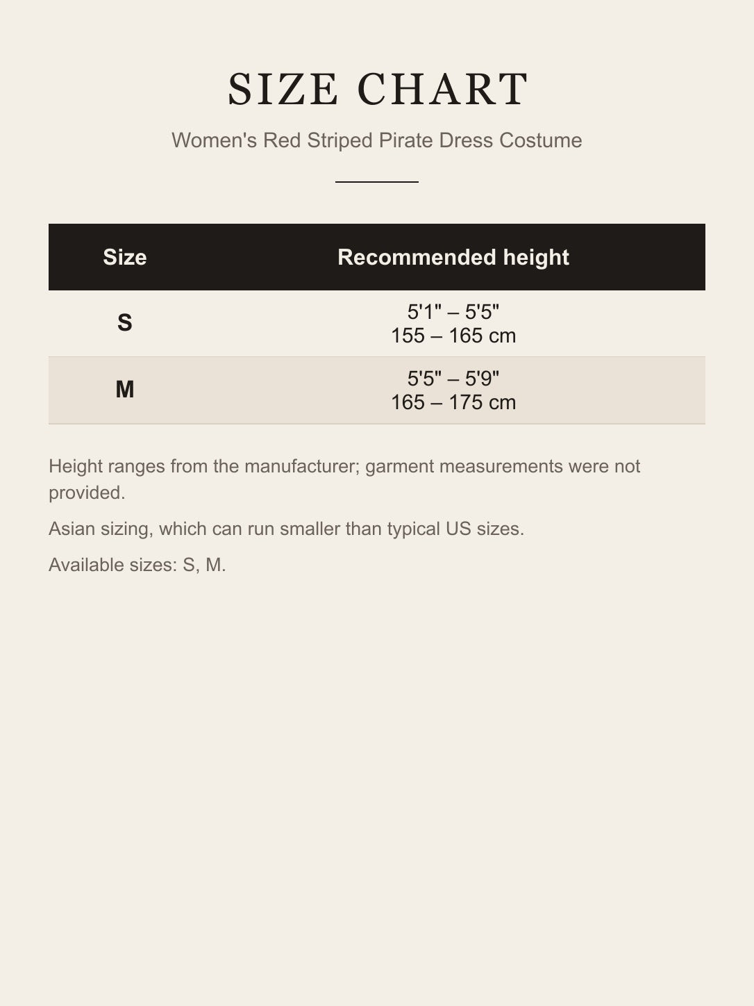 Size chart for the women's pirate dress costume: recommended height for S and M in feet/inches and centimeters