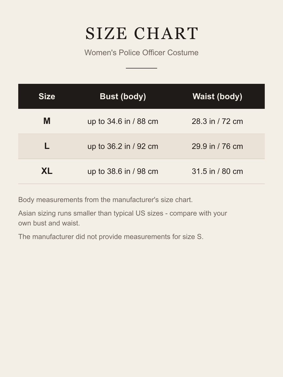 Size chart for the women's police officer costume: bust and waist for M, L and XL in inches and centimeters
