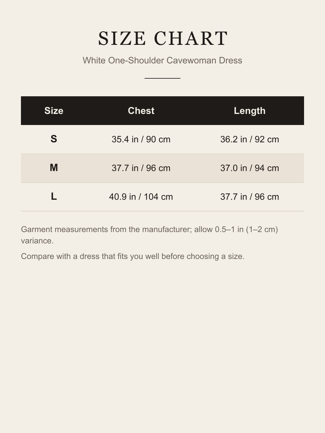Size chart for the white cavewoman dress: chest and length for S, M and L in inches and centimeters