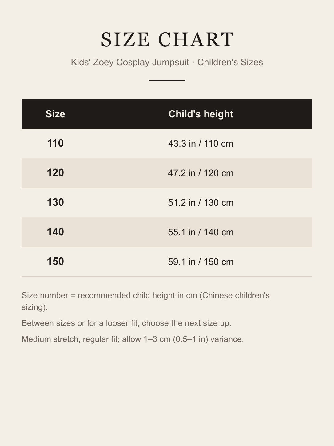 Kids' Zoey cosplay jumpsuit size chart: sizes 110 to 150 by child's height in inches and centimeters
