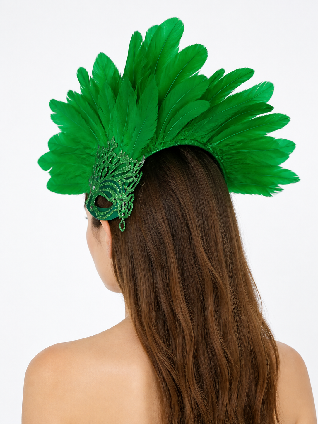 Carnival Mask with Green Feathers and Glitter